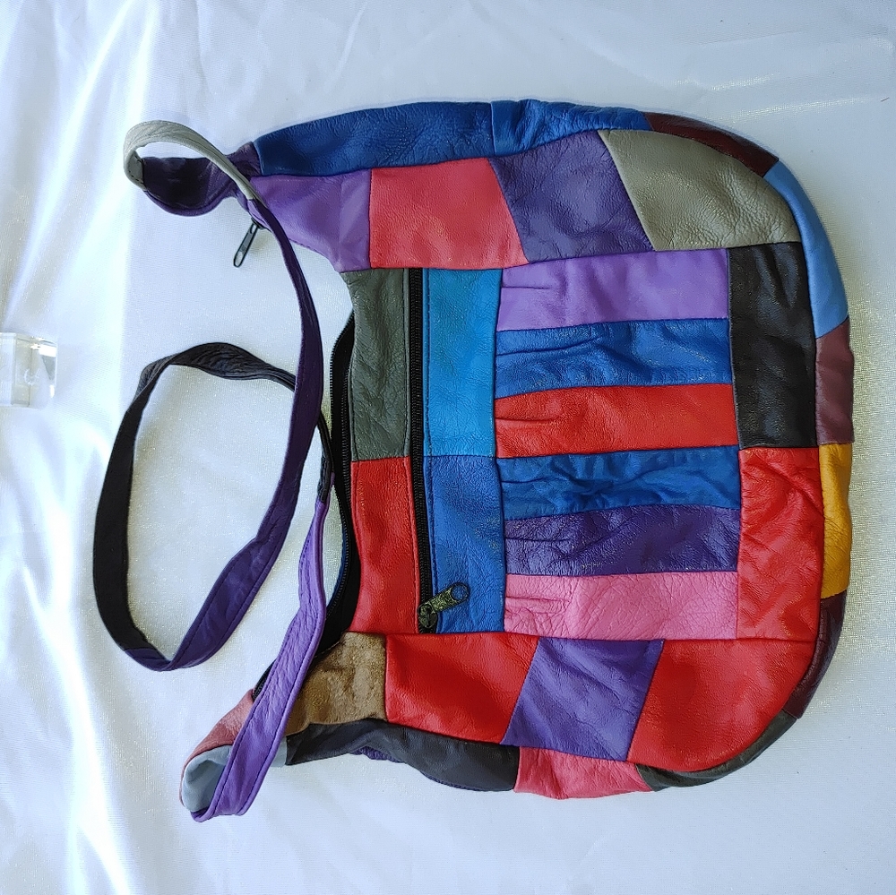 Vintage kid leather multicolored patchwork crossbody bag - Picture 2 of 5